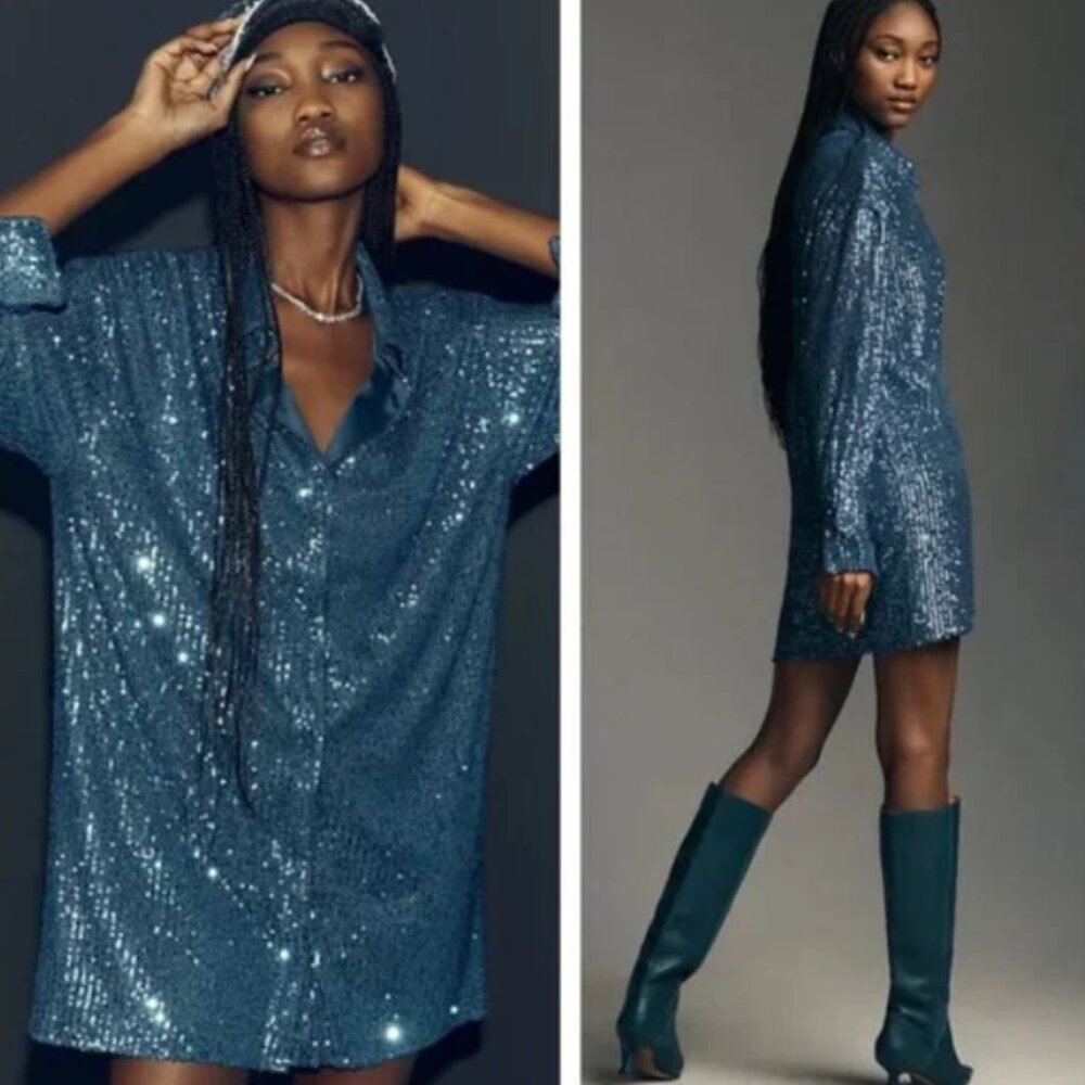 Anthropologie Flat White Sequin Tunic Dress